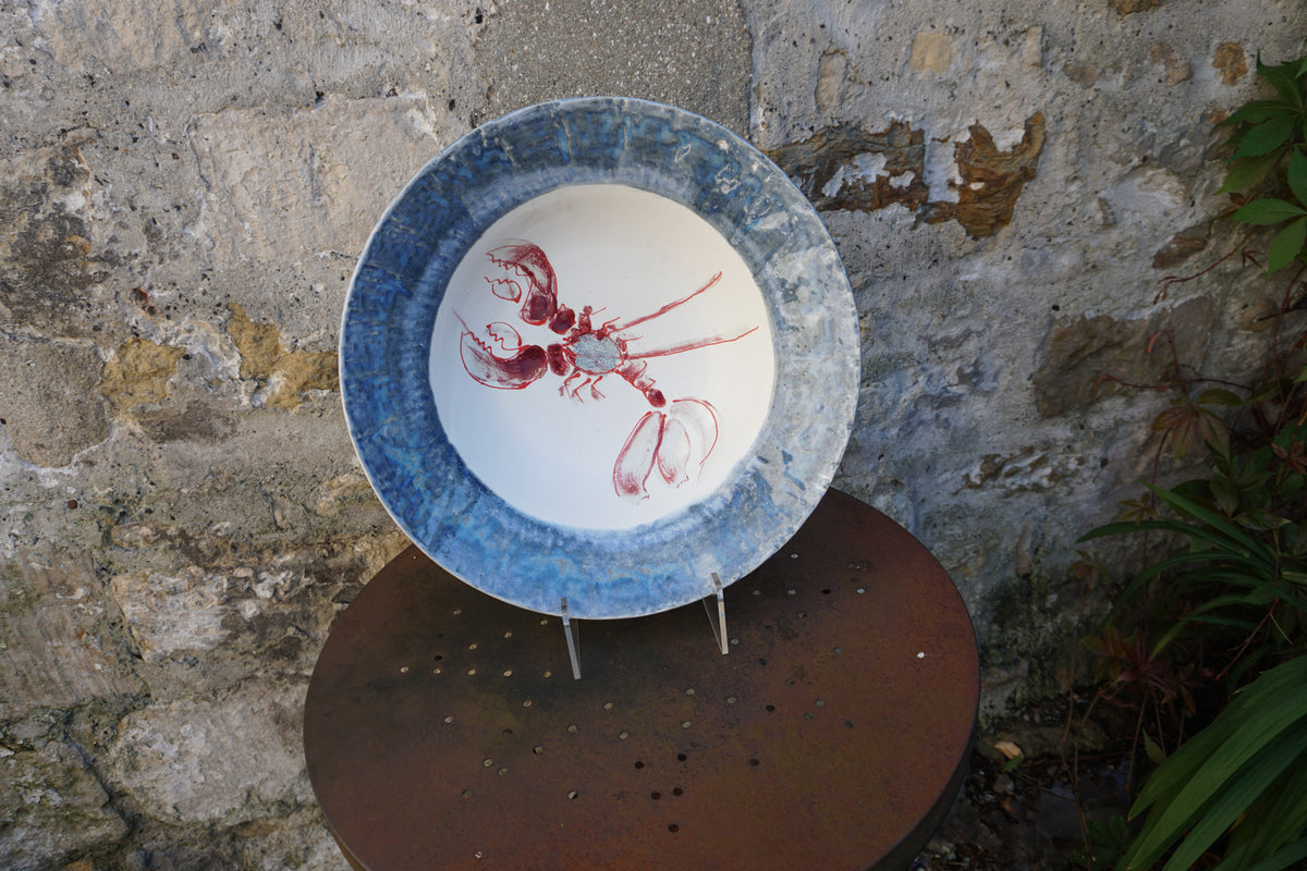 Large Red Lobster Bowl with Blue Rim