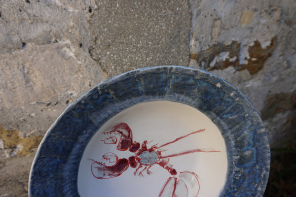 Large Red Lobster Bowl with Blue Rim