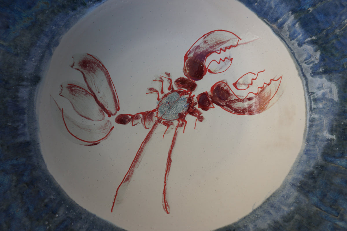 Large Red Lobster Bowl with Blue Rim
