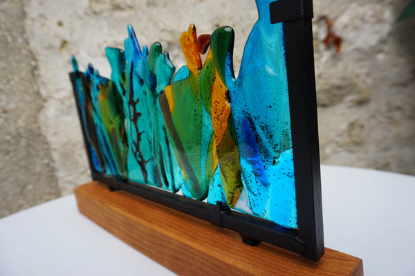 Fused Glass Panel on Wooden Stand (Green/Amber)