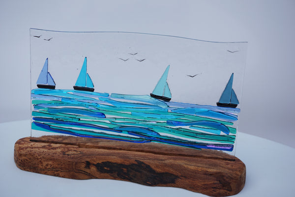Single Oblong Panel with 4 Blue Boats