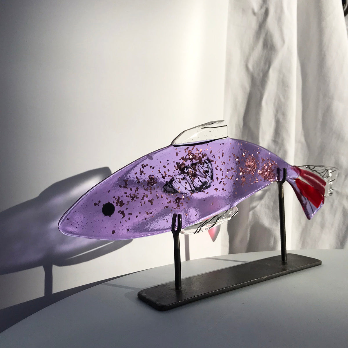 Glass Fish on Metal Stand - Mauve