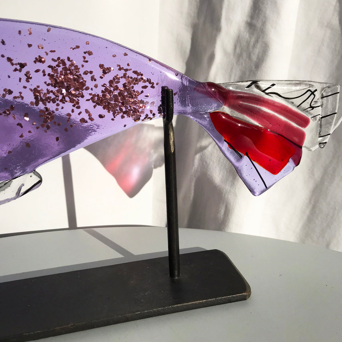 Glass Fish on Metal Stand - Mauve