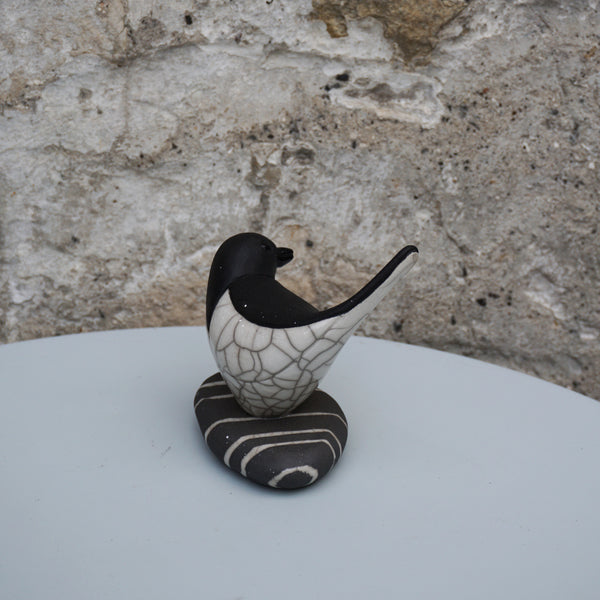 Raku Bird on Pebble - Black & White