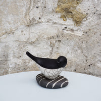 Raku Bird on Pebble - Black & White