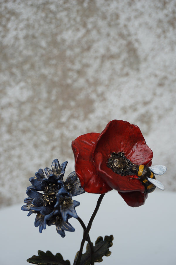 Poppy with Cornflower and Bee