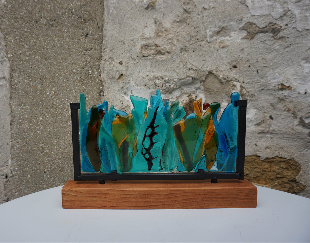 Fused Glass Panel on Wooden Stand (Green/Amber)