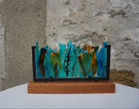 Fused Glass Panel on Wooden Stand (Green/Amber)