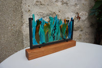 Fused Glass Panel on Wooden Stand (Green/Amber)
