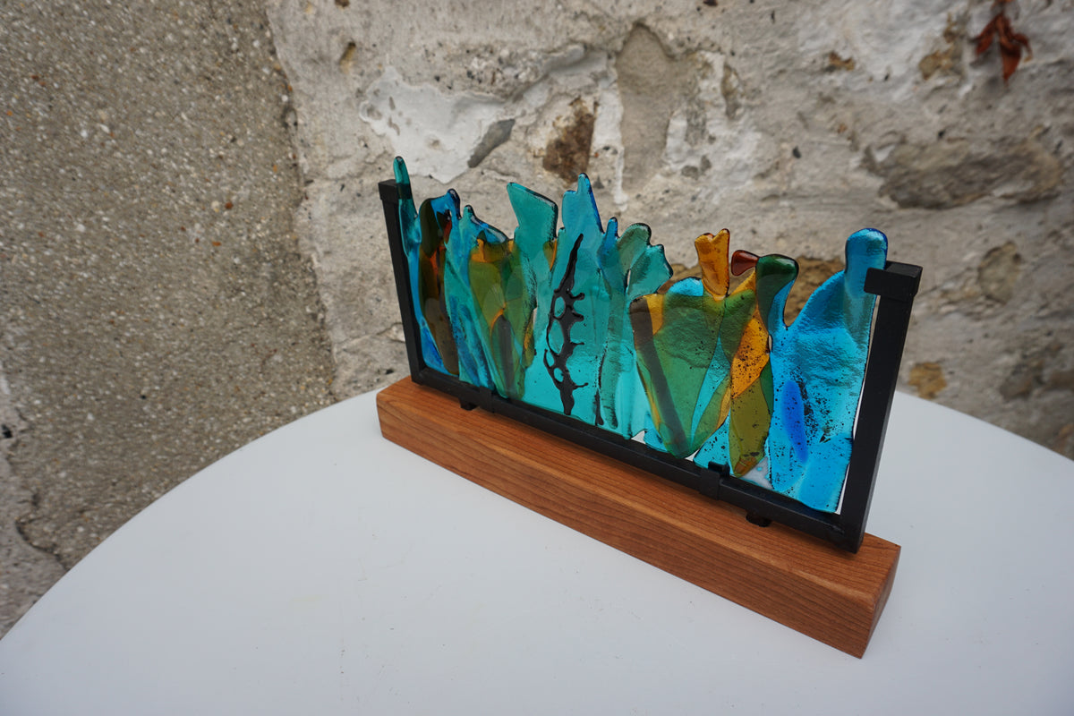 Fused Glass Panel on Wooden Stand (Green/Amber)