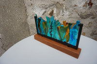 Fused Glass Panel on Wooden Stand (Green/Amber)
