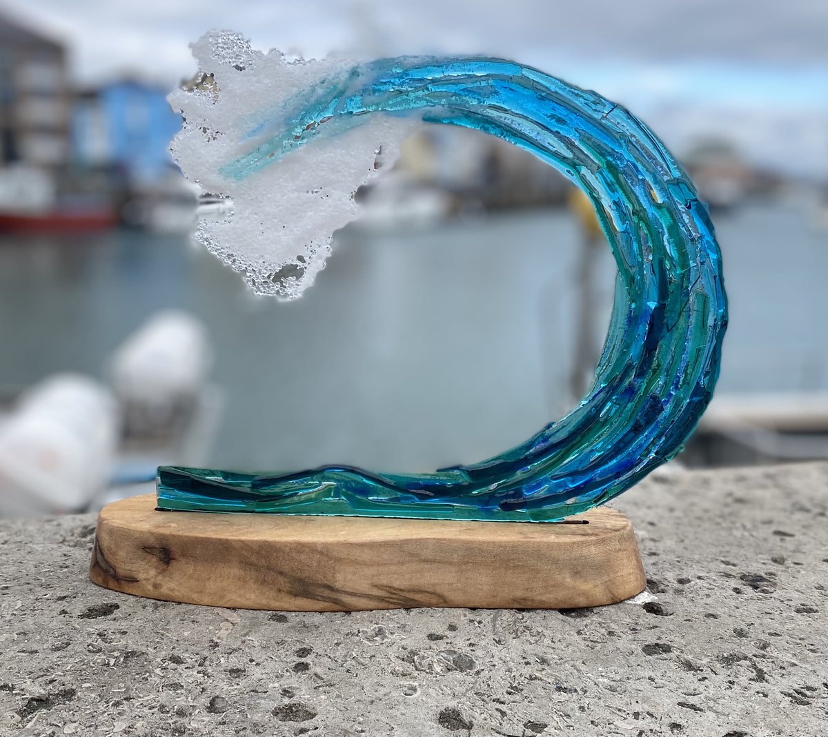 Glass Wave on a Wood Base