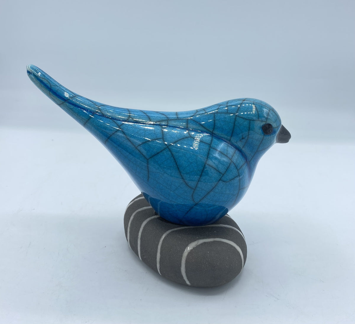 Raku Bird on Pebble Looking Forward - Turquoise