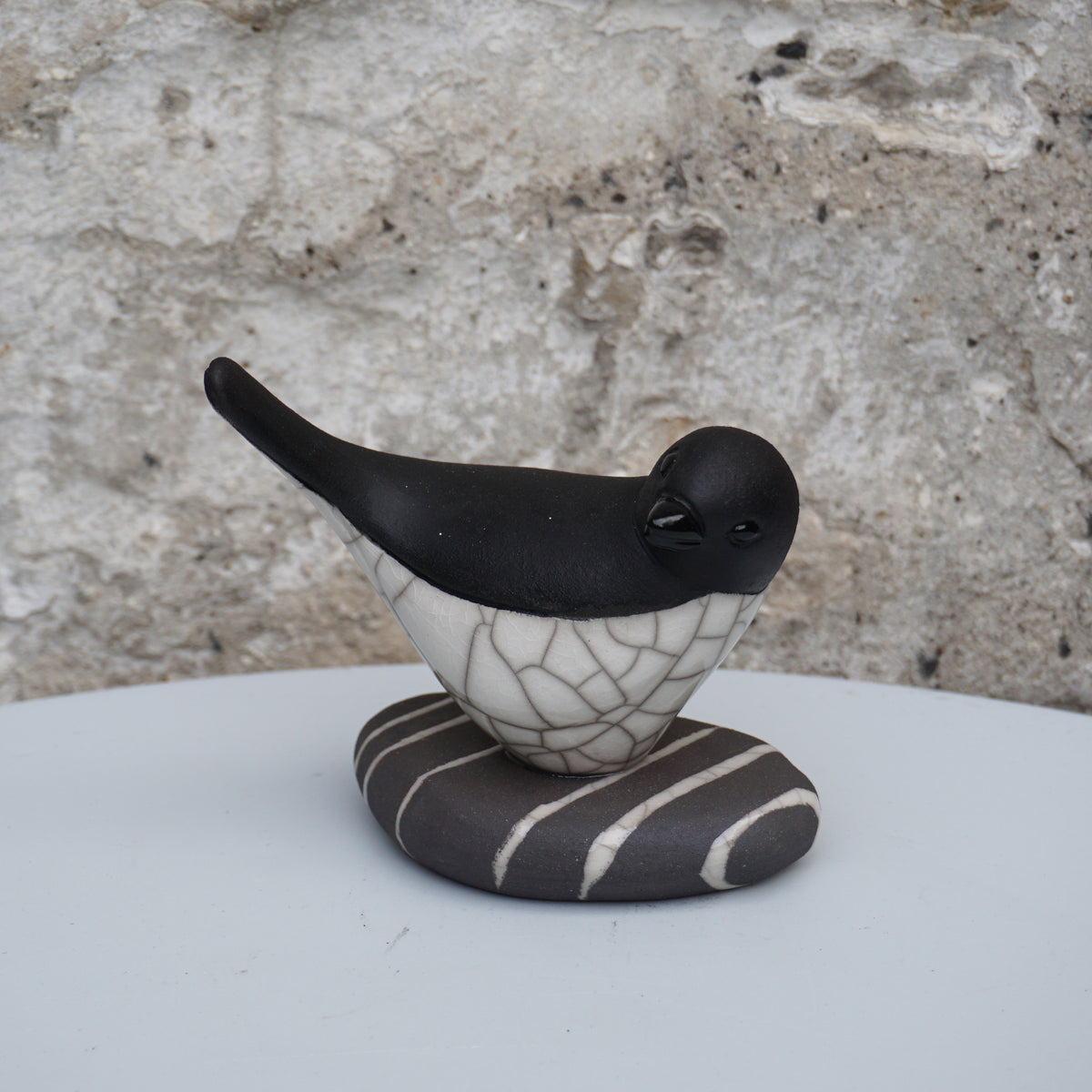 Raku Bird on Pebble - Black & White